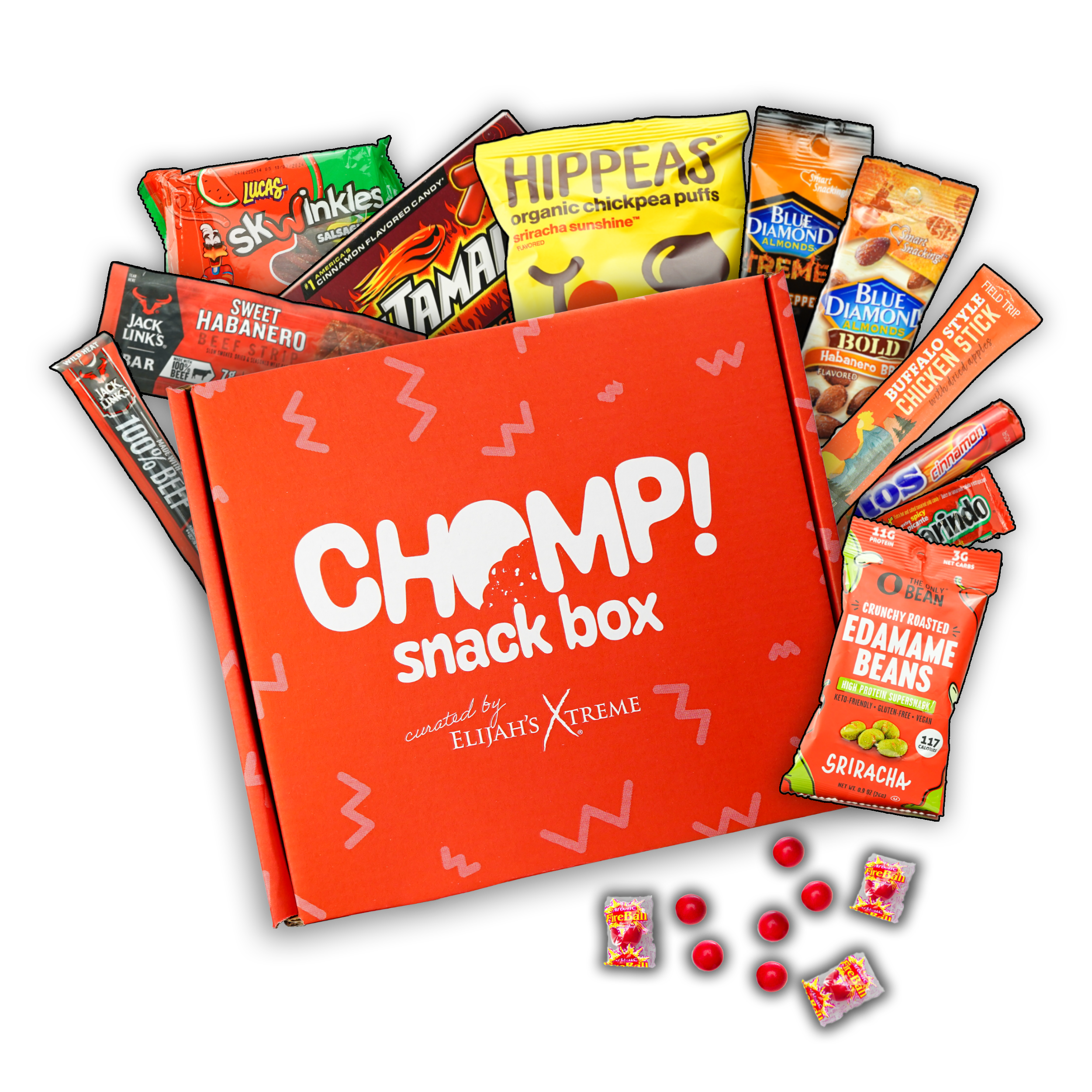 subscription snack box, snack box, assorted snacks, monthly snack box, spicy snack box, spicy subscription snack box, snacking, spicy snacks, spicy snacks box, chomp snack box, elijah's xtreme snack box