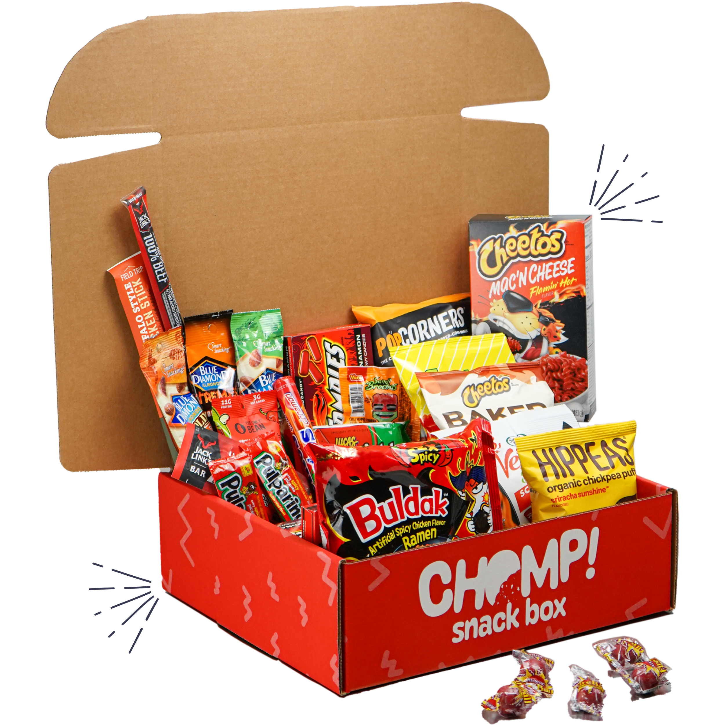 subscription snack box, snack box, assorted snacks, monthly snack box, spicy snack box, spicy subscription snack box, snacking, spicy snacks, spicy snacks box, chomp snack box, elijah's xtreme snack box